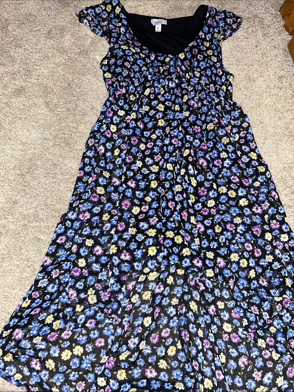 Disney Black Floral Dress with Purple, Blue & Yellow Flowers